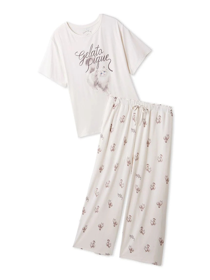 CAT Motif T-shirt & Long Pants Loungewear Set
