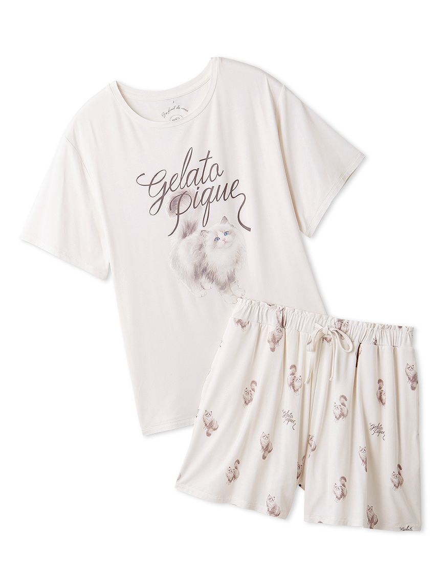 CAT Motif T-shirt & Shorts Loungewear Set